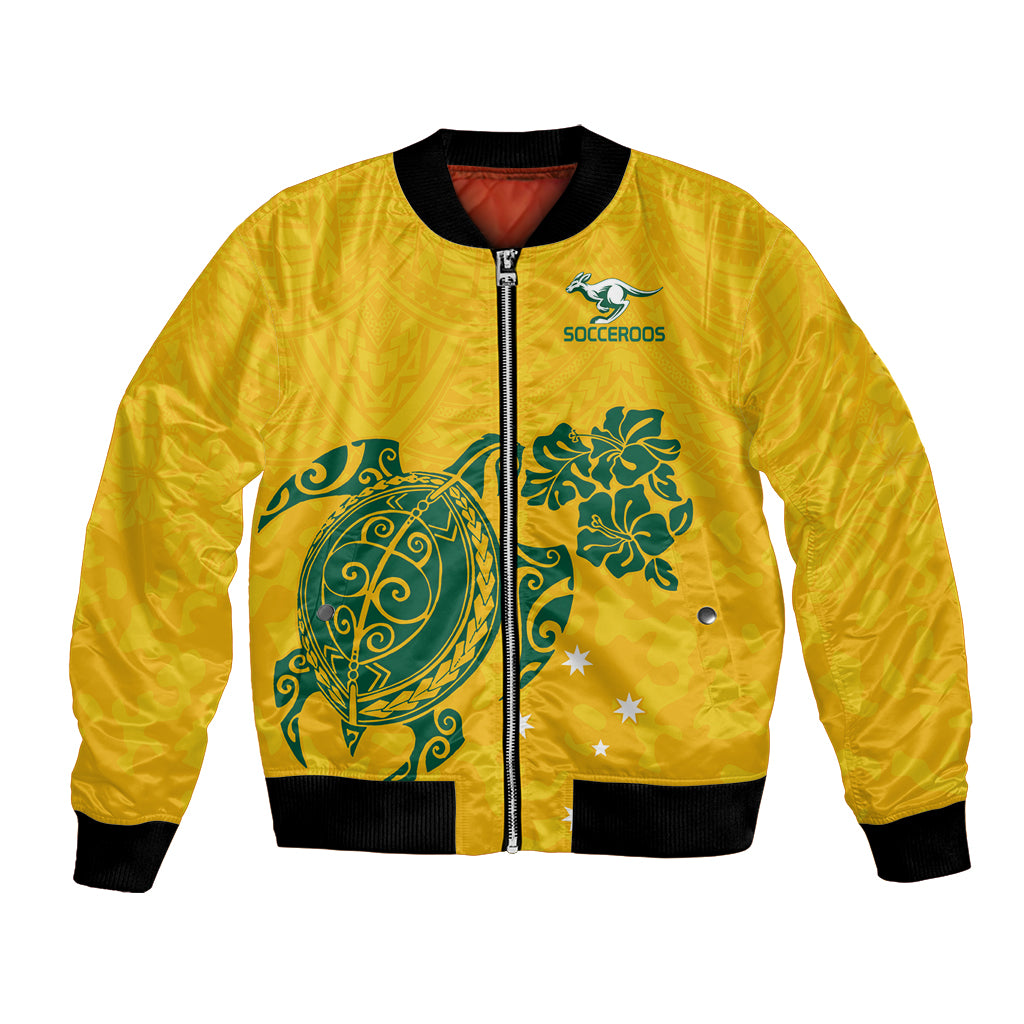 custom-australia-soccer-bomber-jacket-socceroos-hibiscus-and-turtle-with-polynesian-pattern