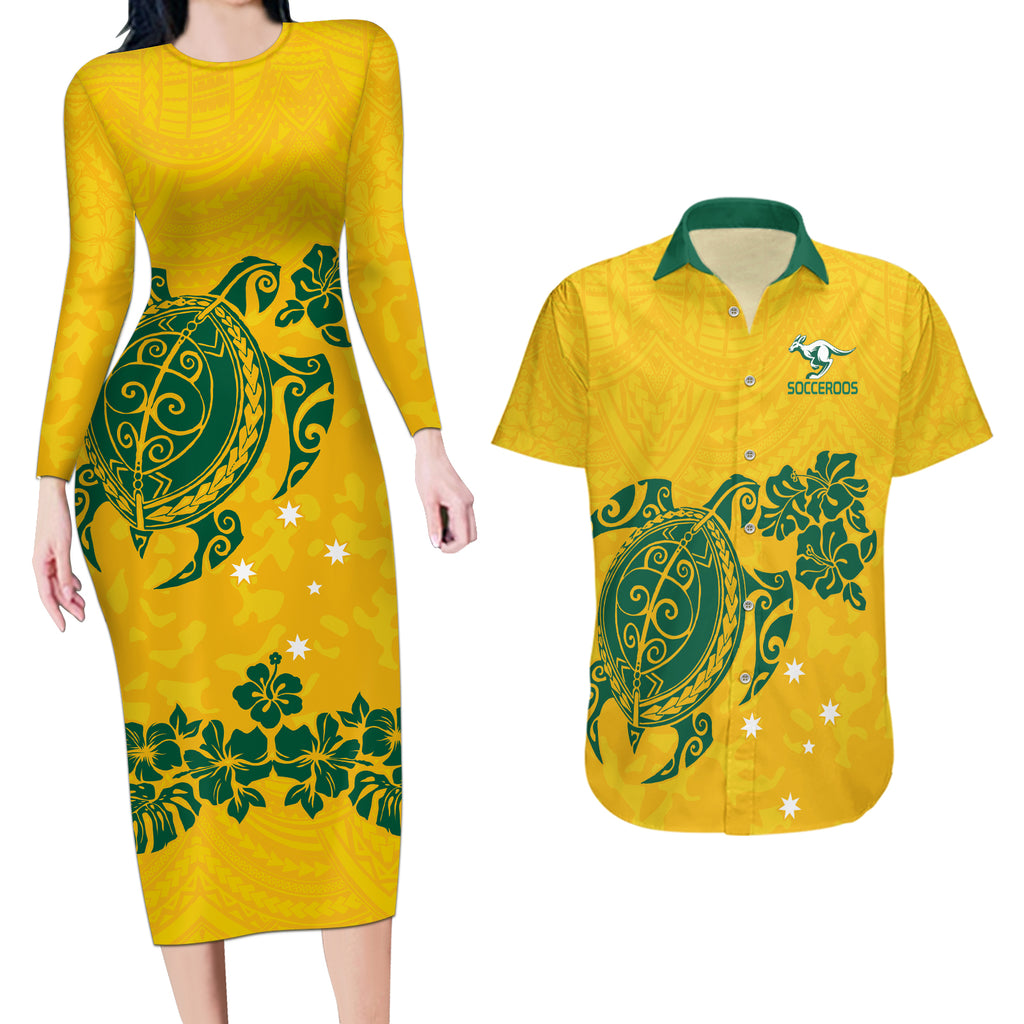 custom-australia-soccer-couples-matching-long-sleeve-bodycon-dress-and-hawaiian-shirt-socceroos-hibiscus-and-turtle-with-polynesian-pattern