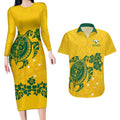custom-australia-soccer-couples-matching-long-sleeve-bodycon-dress-and-hawaiian-shirt-socceroos-hibiscus-and-turtle-with-polynesian-pattern