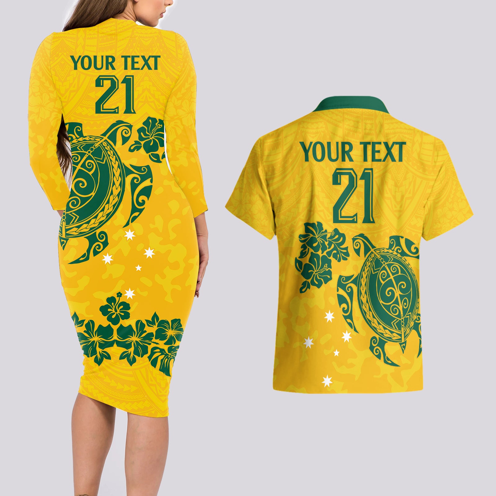 custom-australia-soccer-couples-matching-long-sleeve-bodycon-dress-and-hawaiian-shirt-socceroos-hibiscus-and-turtle-with-polynesian-pattern