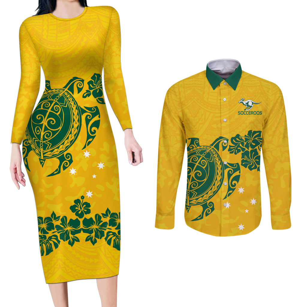 custom-australia-soccer-couples-matching-long-sleeve-bodycon-dress-and-long-sleeve-button-shirt-socceroos-hibiscus-and-turtle-with-polynesian-pattern