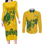 custom-australia-soccer-couples-matching-long-sleeve-bodycon-dress-and-long-sleeve-button-shirt-socceroos-hibiscus-and-turtle-with-polynesian-pattern