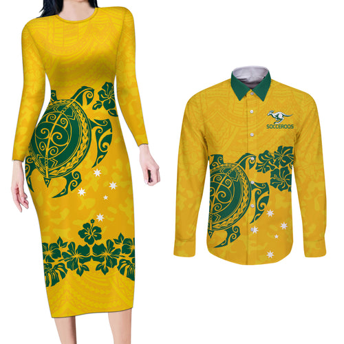 custom-australia-soccer-couples-matching-long-sleeve-bodycon-dress-and-long-sleeve-button-shirt-socceroos-hibiscus-and-turtle-with-polynesian-pattern