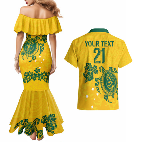 custom-australia-soccer-couples-matching-mermaid-dress-and-hawaiian-shirt-socceroos-hibiscus-and-turtle-with-polynesian-pattern
