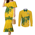 custom-australia-soccer-couples-matching-mermaid-dress-and-long-sleeve-button-shirt-socceroos-hibiscus-and-turtle-with-polynesian-pattern
