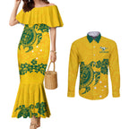 custom-australia-soccer-couples-matching-mermaid-dress-and-long-sleeve-button-shirt-socceroos-hibiscus-and-turtle-with-polynesian-pattern