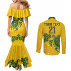 custom-australia-soccer-couples-matching-mermaid-dress-and-long-sleeve-button-shirt-socceroos-hibiscus-and-turtle-with-polynesian-pattern