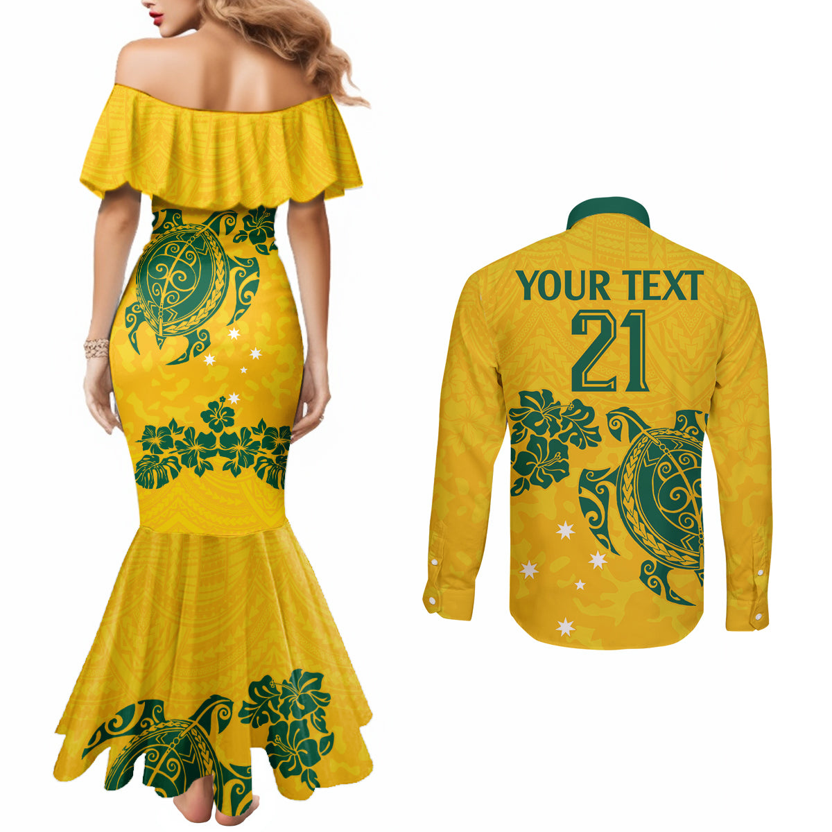 custom-australia-soccer-couples-matching-mermaid-dress-and-long-sleeve-button-shirt-socceroos-hibiscus-and-turtle-with-polynesian-pattern
