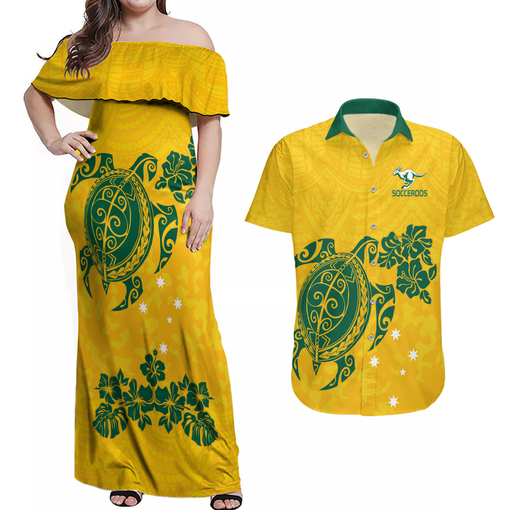 custom-australia-soccer-couples-matching-off-shoulder-maxi-dress-and-hawaiian-shirt-socceroos-hibiscus-and-turtle-with-polynesian-pattern