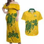 custom-australia-soccer-couples-matching-off-shoulder-maxi-dress-and-hawaiian-shirt-socceroos-hibiscus-and-turtle-with-polynesian-pattern