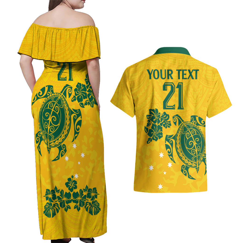custom-australia-soccer-couples-matching-off-shoulder-maxi-dress-and-hawaiian-shirt-socceroos-hibiscus-and-turtle-with-polynesian-pattern