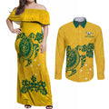 custom-australia-soccer-couples-matching-off-shoulder-maxi-dress-and-long-sleeve-button-shirt-socceroos-hibiscus-and-turtle-with-polynesian-pattern
