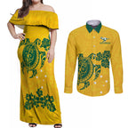 custom-australia-soccer-couples-matching-off-shoulder-maxi-dress-and-long-sleeve-button-shirt-socceroos-hibiscus-and-turtle-with-polynesian-pattern