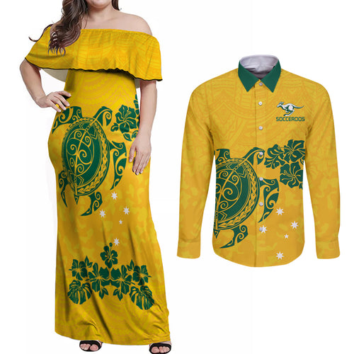 custom-australia-soccer-couples-matching-off-shoulder-maxi-dress-and-long-sleeve-button-shirt-socceroos-hibiscus-and-turtle-with-polynesian-pattern