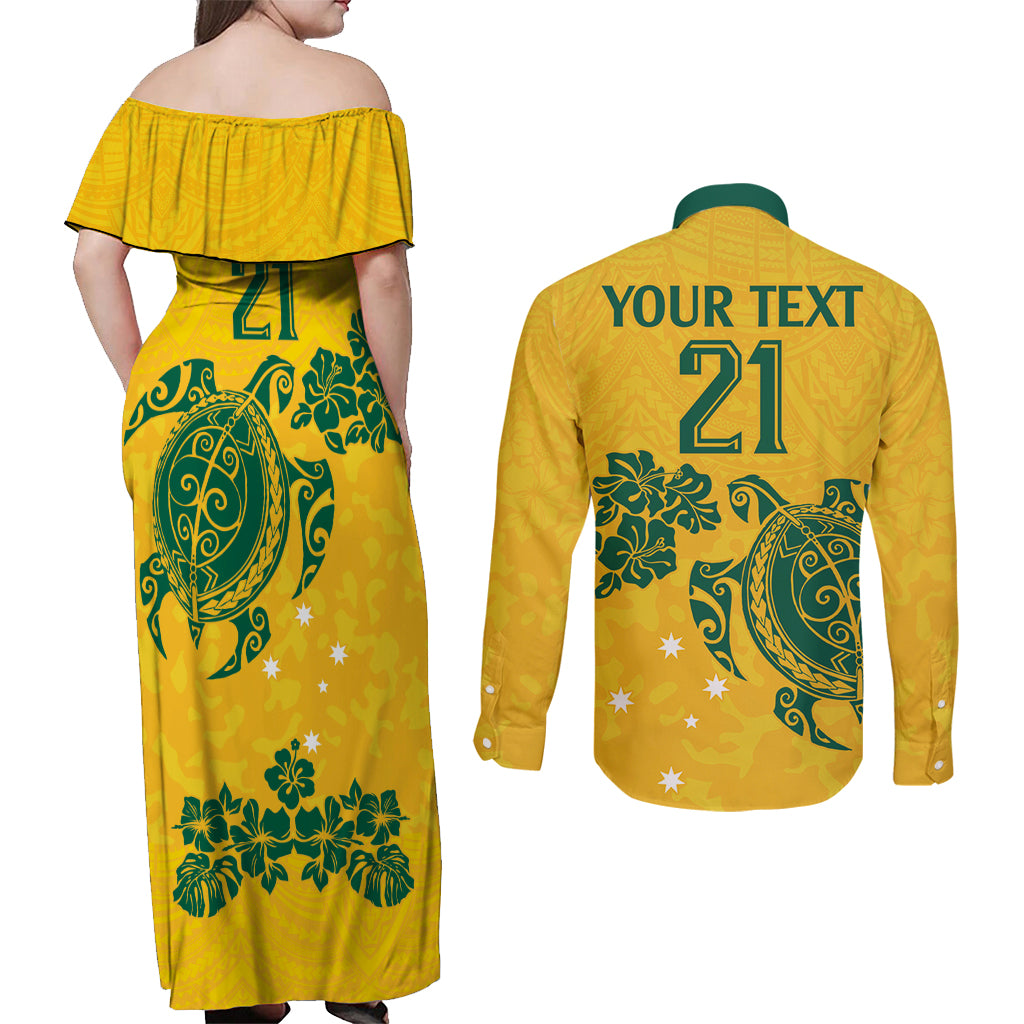 custom-australia-soccer-couples-matching-off-shoulder-maxi-dress-and-long-sleeve-button-shirt-socceroos-hibiscus-and-turtle-with-polynesian-pattern