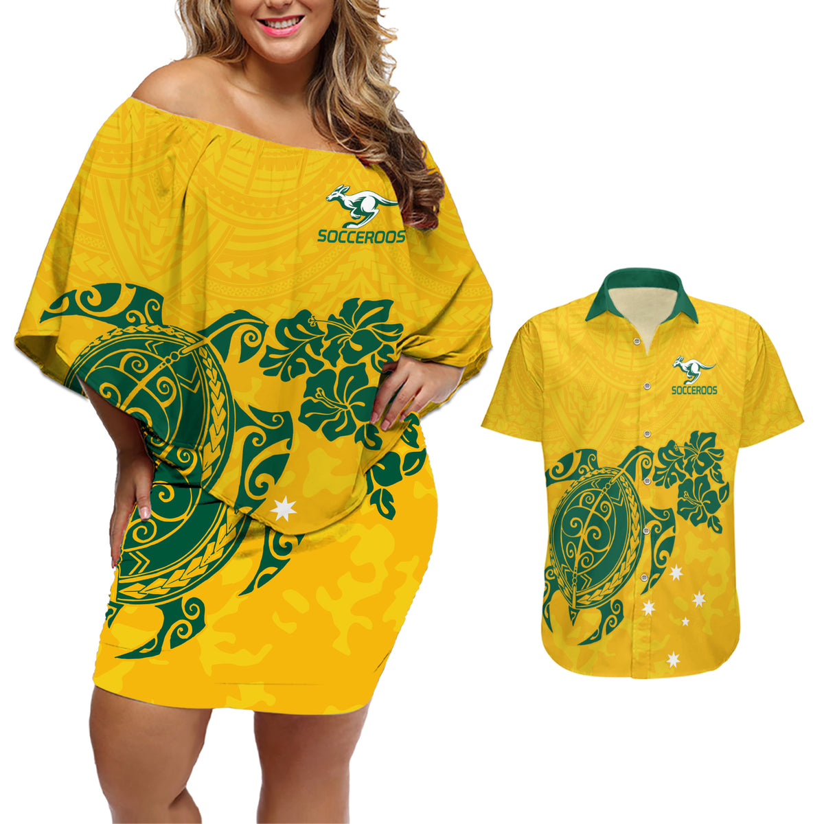 custom-australia-soccer-couples-matching-off-shoulder-short-dress-and-hawaiian-shirt-socceroos-hibiscus-and-turtle-with-polynesian-pattern