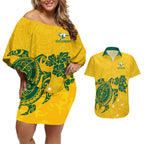 custom-australia-soccer-couples-matching-off-shoulder-short-dress-and-hawaiian-shirt-socceroos-hibiscus-and-turtle-with-polynesian-pattern
