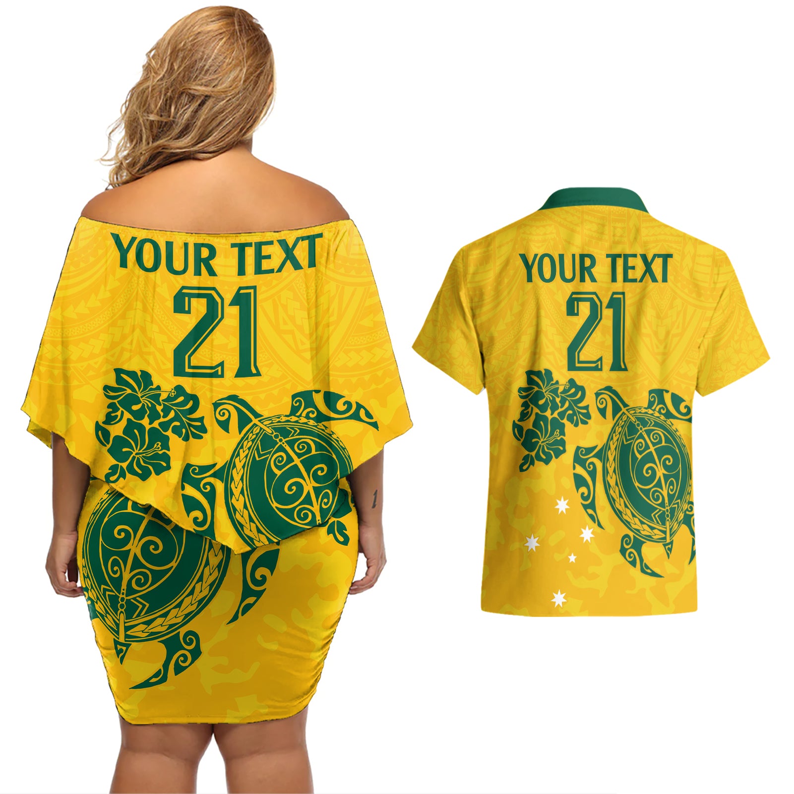 custom-australia-soccer-couples-matching-off-shoulder-short-dress-and-hawaiian-shirt-socceroos-hibiscus-and-turtle-with-polynesian-pattern