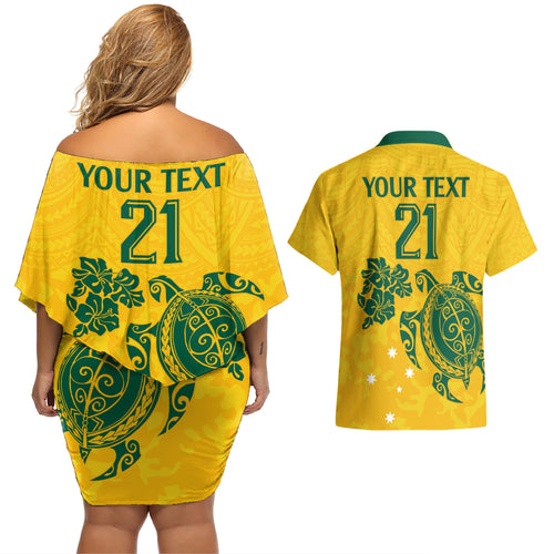 custom-australia-soccer-couples-matching-off-shoulder-short-dress-and-hawaiian-shirt-socceroos-hibiscus-and-turtle-with-polynesian-pattern