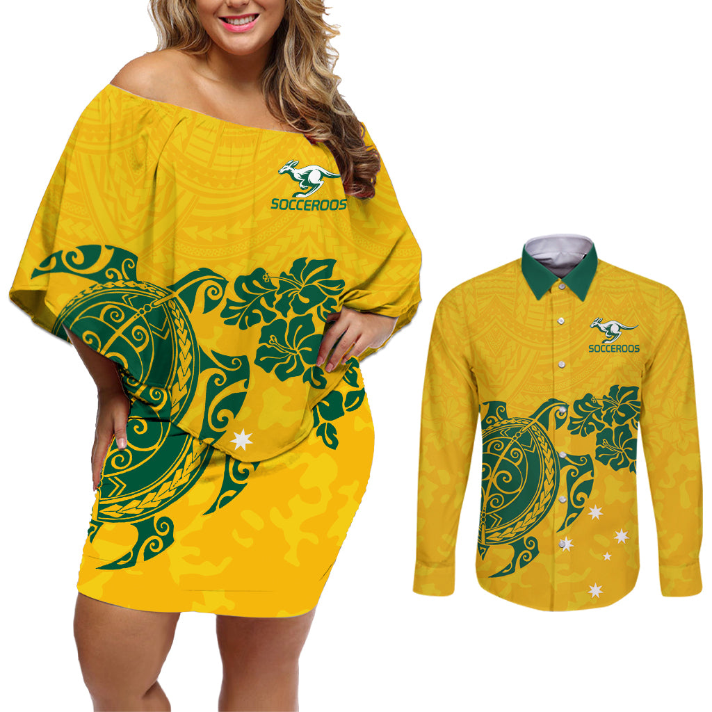 custom-australia-soccer-couples-matching-off-shoulder-short-dress-and-long-sleeve-button-shirt-socceroos-hibiscus-and-turtle-with-polynesian-pattern