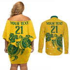 custom-australia-soccer-couples-matching-off-shoulder-short-dress-and-long-sleeve-button-shirt-socceroos-hibiscus-and-turtle-with-polynesian-pattern