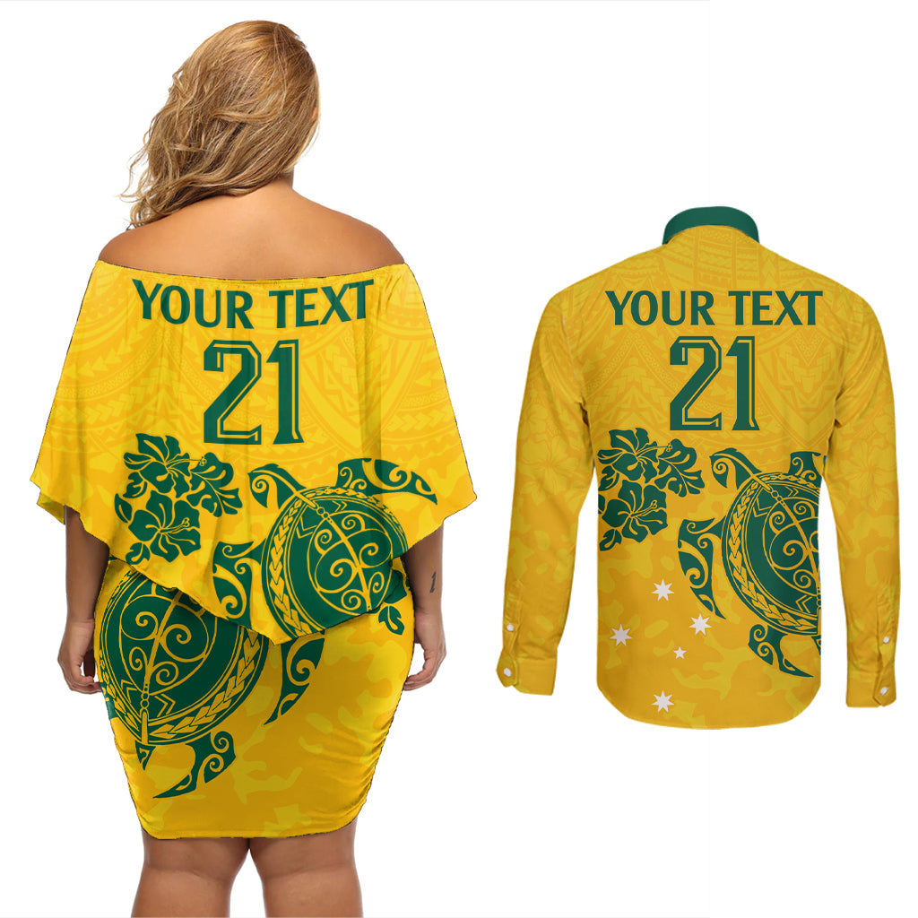 custom-australia-soccer-couples-matching-off-shoulder-short-dress-and-long-sleeve-button-shirt-socceroos-hibiscus-and-turtle-with-polynesian-pattern