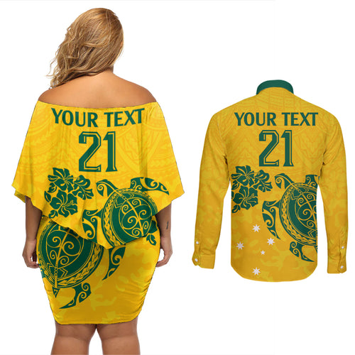 custom-australia-soccer-couples-matching-off-shoulder-short-dress-and-long-sleeve-button-shirt-socceroos-hibiscus-and-turtle-with-polynesian-pattern