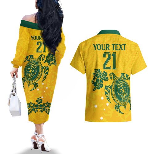 custom-australia-soccer-couples-matching-off-the-shoulder-long-sleeve-dress-and-hawaiian-shirt-socceroos-hibiscus-and-turtle-with-polynesian-pattern