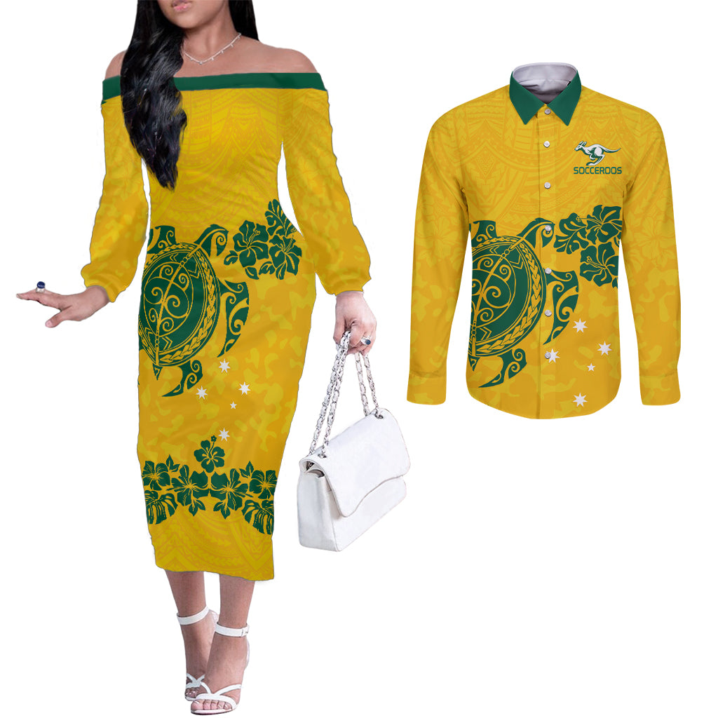 custom-australia-soccer-couples-matching-off-the-shoulder-long-sleeve-dress-and-long-sleeve-button-shirt-socceroos-hibiscus-and-turtle-with-polynesian-pattern