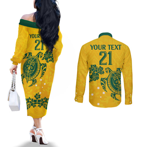 custom-australia-soccer-couples-matching-off-the-shoulder-long-sleeve-dress-and-long-sleeve-button-shirt-socceroos-hibiscus-and-turtle-with-polynesian-pattern