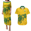 custom-australia-soccer-couples-matching-puletasi-dress-and-hawaiian-shirt-socceroos-hibiscus-and-turtle-with-polynesian-pattern