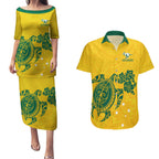 custom-australia-soccer-couples-matching-puletasi-dress-and-hawaiian-shirt-socceroos-hibiscus-and-turtle-with-polynesian-pattern