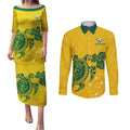 custom-australia-soccer-couples-matching-puletasi-dress-and-long-sleeve-button-shirt-socceroos-hibiscus-and-turtle-with-polynesian-pattern