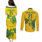 custom-australia-soccer-couples-matching-puletasi-dress-and-long-sleeve-button-shirt-socceroos-hibiscus-and-turtle-with-polynesian-pattern