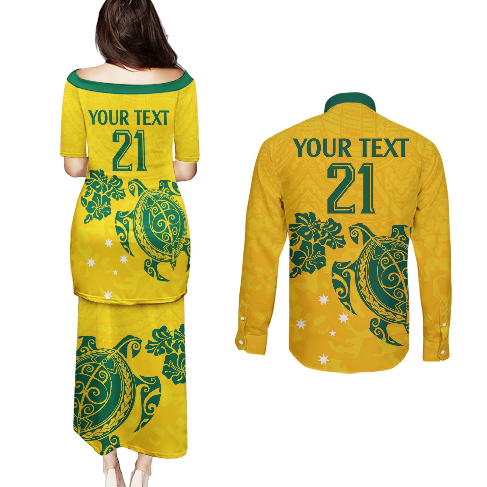 custom-australia-soccer-couples-matching-puletasi-dress-and-long-sleeve-button-shirt-socceroos-hibiscus-and-turtle-with-polynesian-pattern