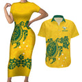 custom-australia-soccer-couples-matching-short-sleeve-bodycon-dress-and-hawaiian-shirt-socceroos-hibiscus-and-turtle-with-polynesian-pattern