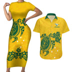 custom-australia-soccer-couples-matching-short-sleeve-bodycon-dress-and-hawaiian-shirt-socceroos-hibiscus-and-turtle-with-polynesian-pattern