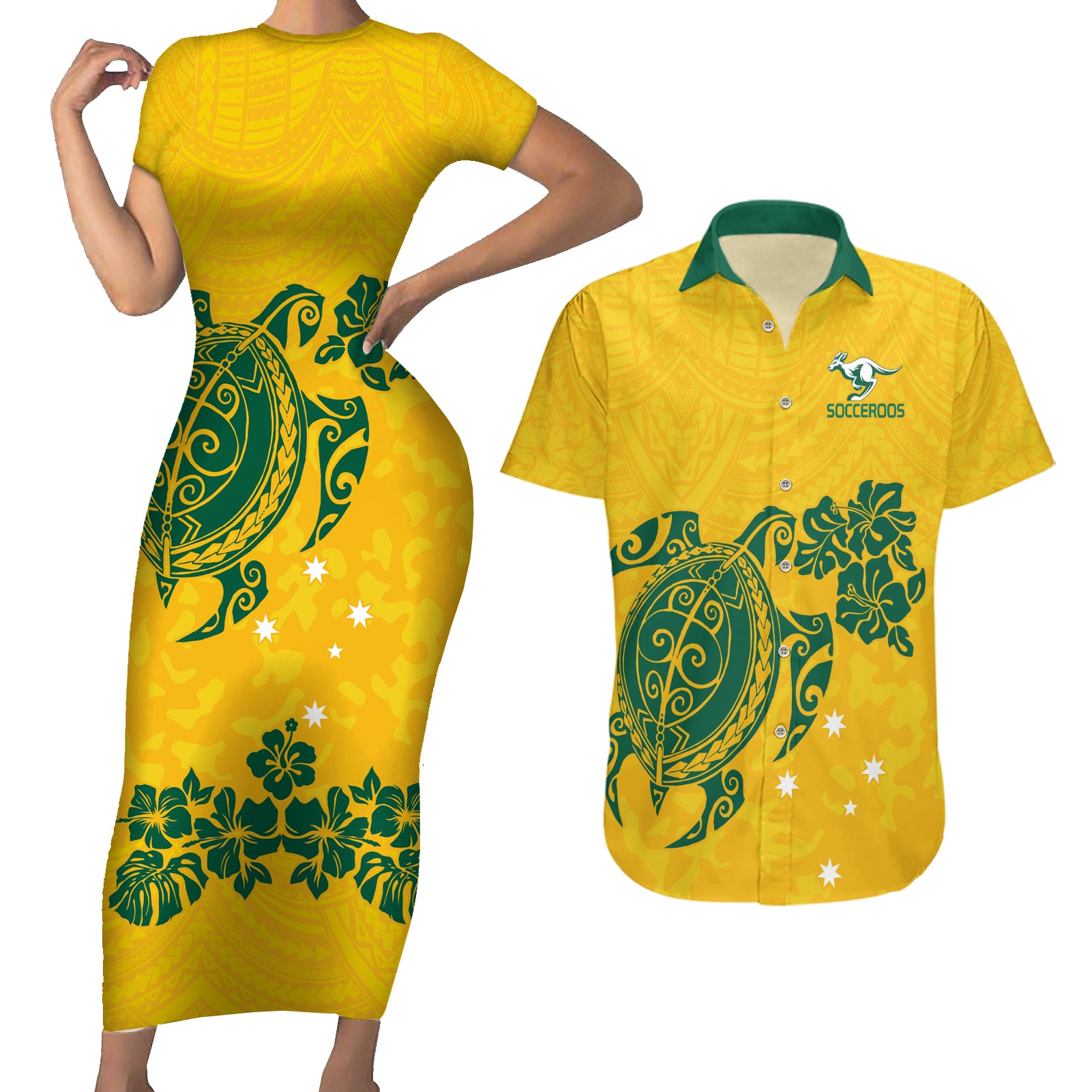 custom-australia-soccer-couples-matching-short-sleeve-bodycon-dress-and-hawaiian-shirt-socceroos-hibiscus-and-turtle-with-polynesian-pattern