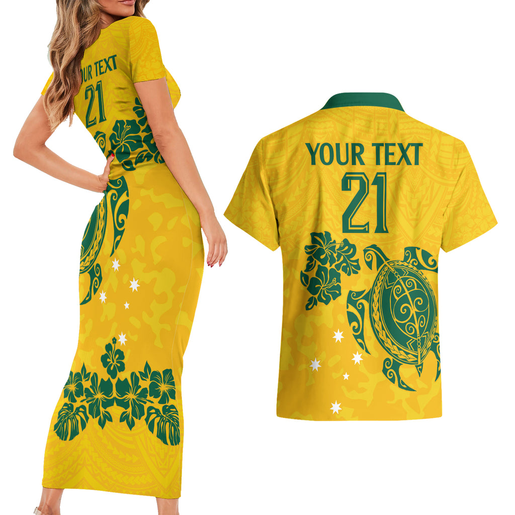 custom-australia-soccer-couples-matching-short-sleeve-bodycon-dress-and-hawaiian-shirt-socceroos-hibiscus-and-turtle-with-polynesian-pattern