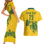 custom-australia-soccer-couples-matching-short-sleeve-bodycon-dress-and-hawaiian-shirt-socceroos-hibiscus-and-turtle-with-polynesian-pattern