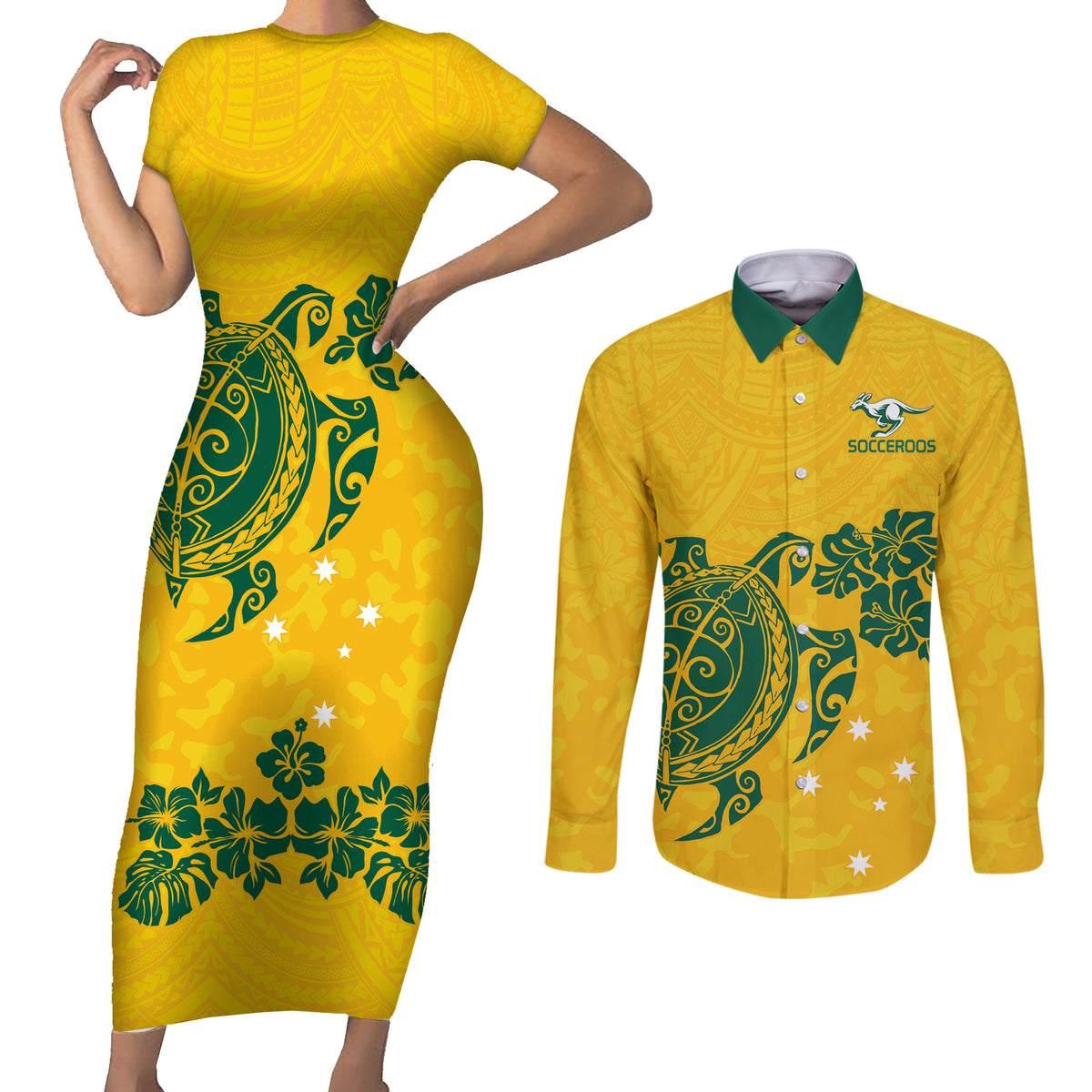 custom-australia-soccer-couples-matching-short-sleeve-bodycon-dress-and-long-sleeve-button-shirt-socceroos-hibiscus-and-turtle-with-polynesian-pattern