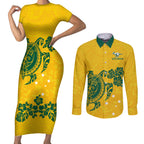 custom-australia-soccer-couples-matching-short-sleeve-bodycon-dress-and-long-sleeve-button-shirt-socceroos-hibiscus-and-turtle-with-polynesian-pattern