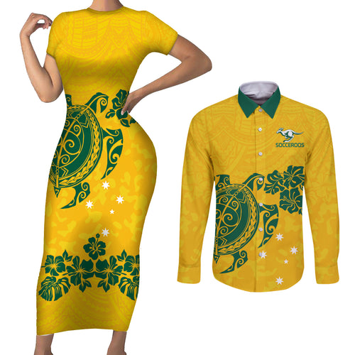 custom-australia-soccer-couples-matching-short-sleeve-bodycon-dress-and-long-sleeve-button-shirt-socceroos-hibiscus-and-turtle-with-polynesian-pattern