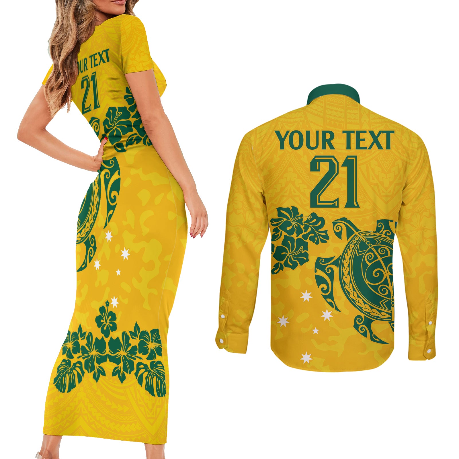 custom-australia-soccer-couples-matching-short-sleeve-bodycon-dress-and-long-sleeve-button-shirt-socceroos-hibiscus-and-turtle-with-polynesian-pattern