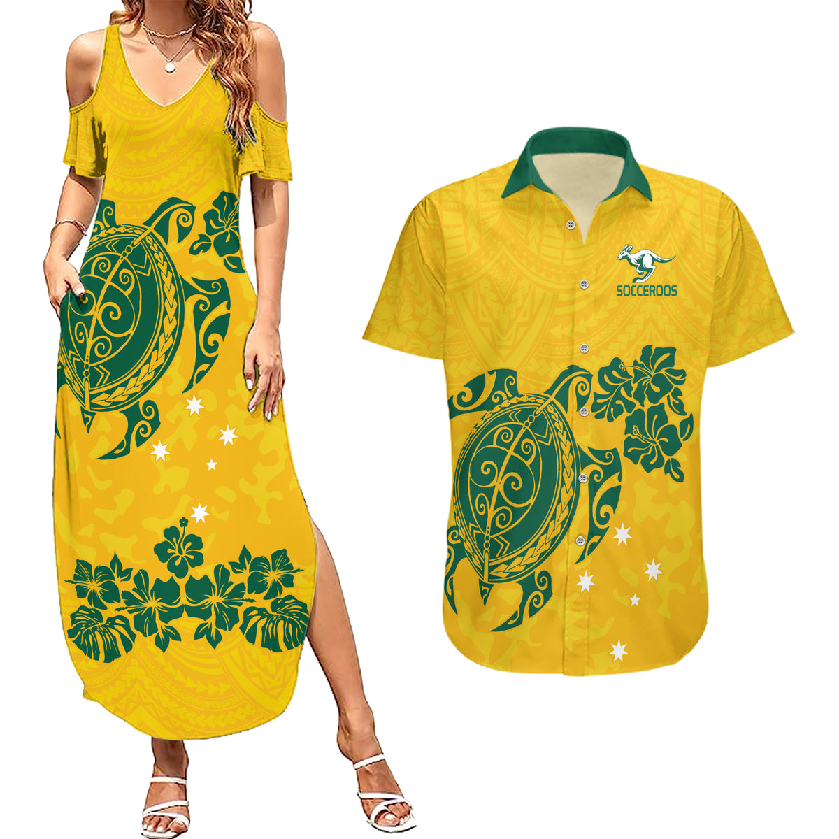 custom-australia-soccer-couples-matching-summer-maxi-dress-and-hawaiian-shirt-socceroos-hibiscus-and-turtle-with-polynesian-pattern