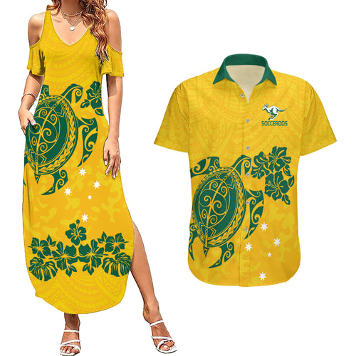 custom-australia-soccer-couples-matching-summer-maxi-dress-and-hawaiian-shirt-socceroos-hibiscus-and-turtle-with-polynesian-pattern