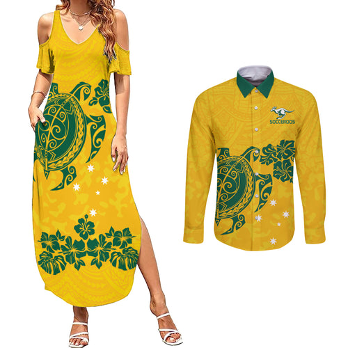 custom-australia-soccer-couples-matching-summer-maxi-dress-and-long-sleeve-button-shirt-socceroos-hibiscus-and-turtle-with-polynesian-pattern