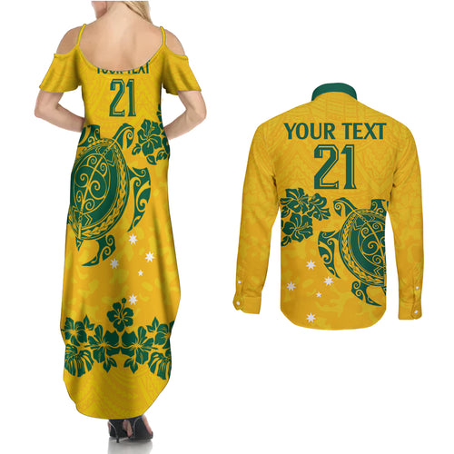 custom-australia-soccer-couples-matching-summer-maxi-dress-and-long-sleeve-button-shirt-socceroos-hibiscus-and-turtle-with-polynesian-pattern