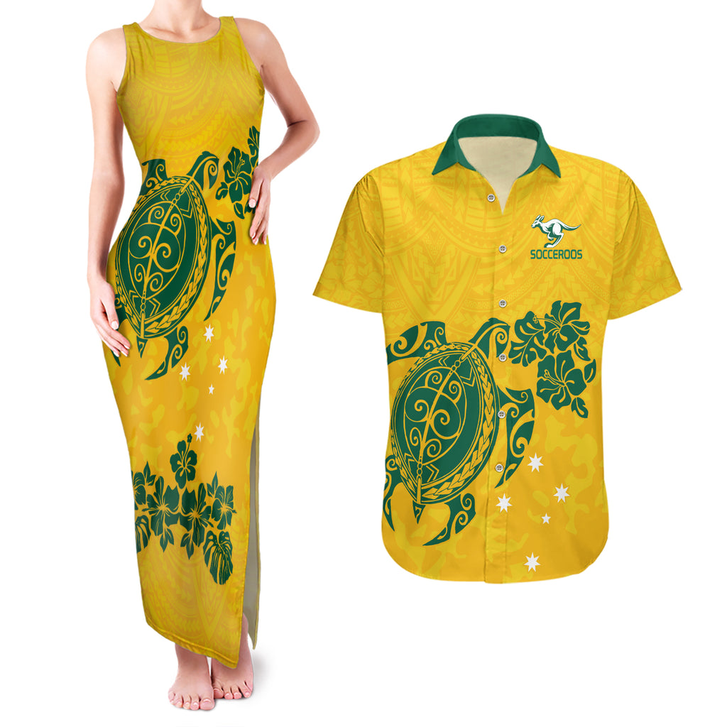 custom-australia-soccer-couples-matching-tank-maxi-dress-and-hawaiian-shirt-socceroos-hibiscus-and-turtle-with-polynesian-pattern