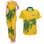 custom-australia-soccer-couples-matching-tank-maxi-dress-and-hawaiian-shirt-socceroos-hibiscus-and-turtle-with-polynesian-pattern